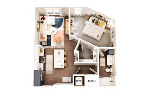 Floor plan for 1 bed, 1 bath, 689 sqft